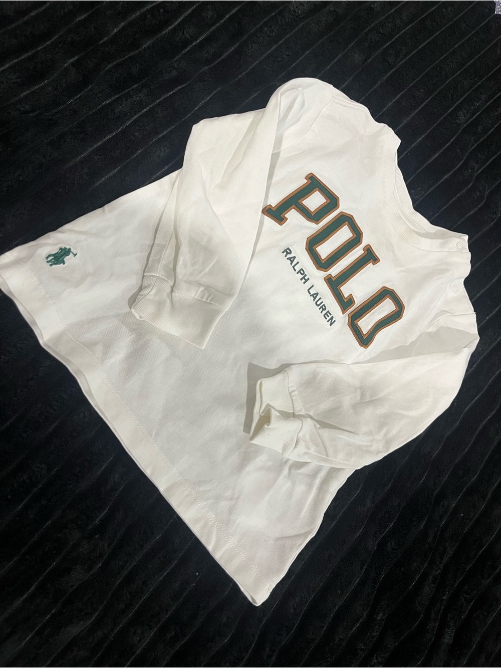 Ralph Lauren White Long-Sleeve POLO Tee with Green & Brown Accents